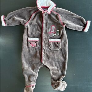 Plush Velour Brown Baby Footed One-Piece with Red Trim